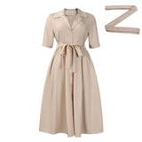 African Women's Dress 2025 Summer New Fashion Suit Collar Short Sleeve Solid Color Swing