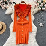 Women Ruffles Knitted Pencil Dress Korean Long Sleeve V Neck Elastic Slim Dress Autumn Winter Sexy Bodycon Warm Sweater
