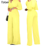 Women Sexy Off Shoulder Flare Sleeve Palazzo Wide Leg Pants Jumpsuit Vintage Elegant Loose Romper Streetwear V Neck Long
