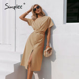 Party Cotton knotted straight women dress Casual O neck chic split dress Elegant green loose short sleeve ladies midi