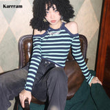 Off Shoulder Crop Tops 90s Vintage Streetwear Women Korean Style Sexy Striped Slim T-shirts Long Sleeve Harajuku