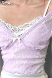 Sweet Y2K Lace Cami Patchwork Cropped Top Purple Coquette Aesthetic Short Sleeve Lace T-shirts Fairycore Cute