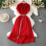 Temperament Heavy Industry Pearl Wood Ear Round Collar Dress Women's Summer New Waist Thin 100 Folded Long