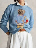 2025 New Women's Dresses Cartoon Embroidered Bear Round-Neck Knitted
