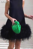 Summer Fashion Mini Dress For Women Round Neck Sleeveless Patchwork Feathers Loose Dresses Female 2023 Clothing