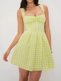 Spring Summer New Casual Fashion Chic Plaid Bow Backless Strapless Waist Sleeveless Short Mini Dress