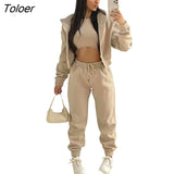 Winter Thick Warm Fleece 3 Piece Set Tank Top Jacket and Pants Long Sleeve Coat Haren pants Tracksuit Sports