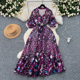 Summer Dress New Niche Light Familiar Wind V To Receive Waist Thin Temperament French Pressure Folding Printing Chiffon