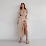 Graduation party Sexy Puff Sleeve Cross Party Dress Female Deep V-Neck Side Split Belt Satin Long Dresses For Women Empire