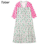 Women Vintage Color Matching Floral Print Breasted Casual Midi Shirt Dress Office Lady Chic V Neck Pleats Vestidos