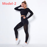 Seamless Gym Sets High Waist Gym Mesh Leggings Shirts Suit Long Sleeve Fitness Workout Sports Running Thin Sport