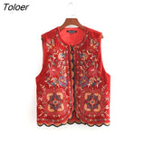 Women Vintage Sequins Flower Embroidery Vest Jacket Ladies National Style Patchwork Casual Velvet WaistCoat Tops