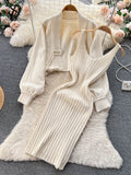 Fashion Vintage Sweater Two Pieces Sets Women Knit Cardigan+Midi Camis Dress Autumn Streetwear Loose Knitted