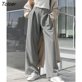 Streetwear Wide Leg Pants Female Autumn Office Chic Loose High Waist Pants Pleated Fashion Grey Floor Length Trouser
