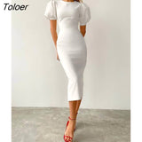 Office Bodycon Midi Dress Elegant Women Puff Sleeve Summer Dresses Chic High Waist Slim O-Neck Pencil Party Dress Lady