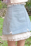 Kawaii Lolita Blue Mini Skirt Women Japanese Sweet Cute Ruffle Bow Patchwork Fairycore High Waist Short Skirt Soft