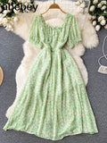 Sweet Floral Dress Women Green Square Collar Short Sleeve A-line Dresses Summer Bohemian Print Beach