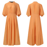 Elegant Long Jumpsuits Women 3/4 Sleeve Vintage High Waist Wide Leg Rompers Casual Pleated Party Overalls Loose Pants No