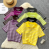 Knitted Women 2025 Summer South Korea Ins New Trendy Sleek Striped T-Shirt Women's