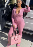 Casual Rib Zip Up Long Sleeve Slim Top And Skinny Pants 2 Piece