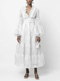Elegant Long Dresses For Women V Neck Puff Long Sleeve Patchwork Lace Temperament Maxi Female 2023 Spring Fashion