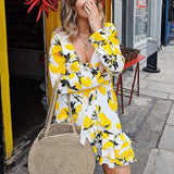 Summer Floral Print Sexy Dress Sets Women Deep V-neck Tops Mini Ruffle Skirt Boho Elegant Lace Up Bow Two Piece Sets