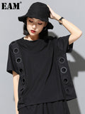 2023 New Spring Summer Round Neck Short Sleeve Black Hollow Out Split Joint Big Size T-shirt Women Fashion Tide