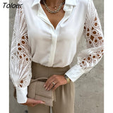 Lace Satin Blouse Women Casual Hollow Long Sleeve Top Fashion Button White Shirt Loose Solid Spring Autumn Tops