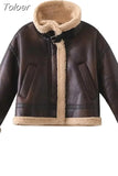 MODA Women Fashion Thick Warm Faux Leather Shearling Jacket Brown Coat Vintage Long Sleeve Flap Pocket Female Chic