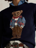 New Women's Bear Embroidered Retro Body Sweater College Style Knitted Shirt