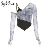 Mesh Asymmetrical Yamamoto sleeve T-Shirts Women Sexy Cute Slope Neck Ruffles Fashion Tide Autumn Crop