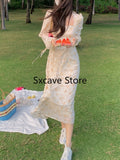 Summer Elegant Y2k Midi Dress Women Casual Lace One Piece Dress Korean Sweet Vintage Floral Dress Party Female Long