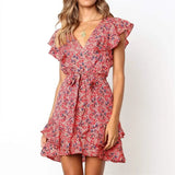 Summer 2019 Women Floral Print Chiffon Beach Dress Boho Style Ruffles A-line Mini Sundress Elegant Party Dress