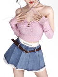 Sexy Korean Denim Micro Skirt Women Y2K High Waist Irregular Patchwork Fake Two-piece Pleated Mini Skirt