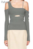 asymmetrical full sleeves square knitting elastic patchwork backlesss sexy top female fashion too