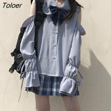 Women Shirts Off Shoulder Peter Pan Collar Sweet Lolita Style Lovely Solid Long Lantern Sleeve Bow Lace Up Female Leisure