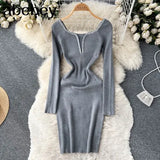 Slim Bodycon Knitted Dress Temperamant Long Sleeve bodycon Sweater Dress Square Collar Women Winter Short
