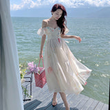 One-Word Shoulder-Sling Sling Dress Woman Gentle Wind Chopped Flower Bubble Sleeve Yarn Fairy Dress