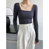 Long Sleeve Square Neck Fitted Tops Gray / Khaki / Black / White Spring Low Neck Women