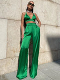 Fashion Silky Satin Camis Crop Top and Pants 2 Piece Set for Women Matching Sets Outfits Sexy High Waist Pants