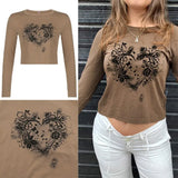 Rockmore Vintage Print T-shirt Women Aesthetic Long Sleeve Crop Top Autumn E Girl Casual Basic Tee Shirt 90s Grunge