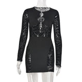 Sisterlinda Autumn Sexy See Through Bodycon Mini Dress Women Casual Street Short Sleeve Hollow Out Party Clubwaer Female
