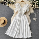 Loose Dress For Women V Neck Sleeveless High Waist Ruffle Trim Solid Midi Dresses Female Clothing Style