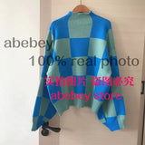 Women 2022 Fashion Plaid Pattern Oversized Turtleneck Sweater Lantern Long Sleeve Female Pullovers Chic Tops