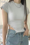 Woman Tshirts Harajuku Irregular Korean Tees Bandage Tunic Short Sleeve Crop Tops Fashion Sexy Y2k T Shirt Ropa
