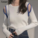 2023 Off Shoulder Knitted Sweater Women Autumn Round Neck Hollow Out Pullovers Woman Korean Long Sleeve Jumper