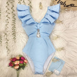 New Print Swimwear Deep V-Neck Ruffle Swimsuit Push Up One Piece Swimsuit Beach Wear Backless