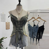 Shot Vintage Babes With Thaired Hairy Denim Sling Vest Short Umbilly Sleeveless Top