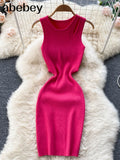 Strap Women Knitted Pencil Dress O Neck Sleeveless Elastic Slim Sheath Dresses Summer Korean Streetwear Short