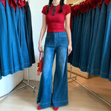Blue Hanging Horn Jeans Women Spring And Autumn Small High-Waisted Loose Broad Legs Long
